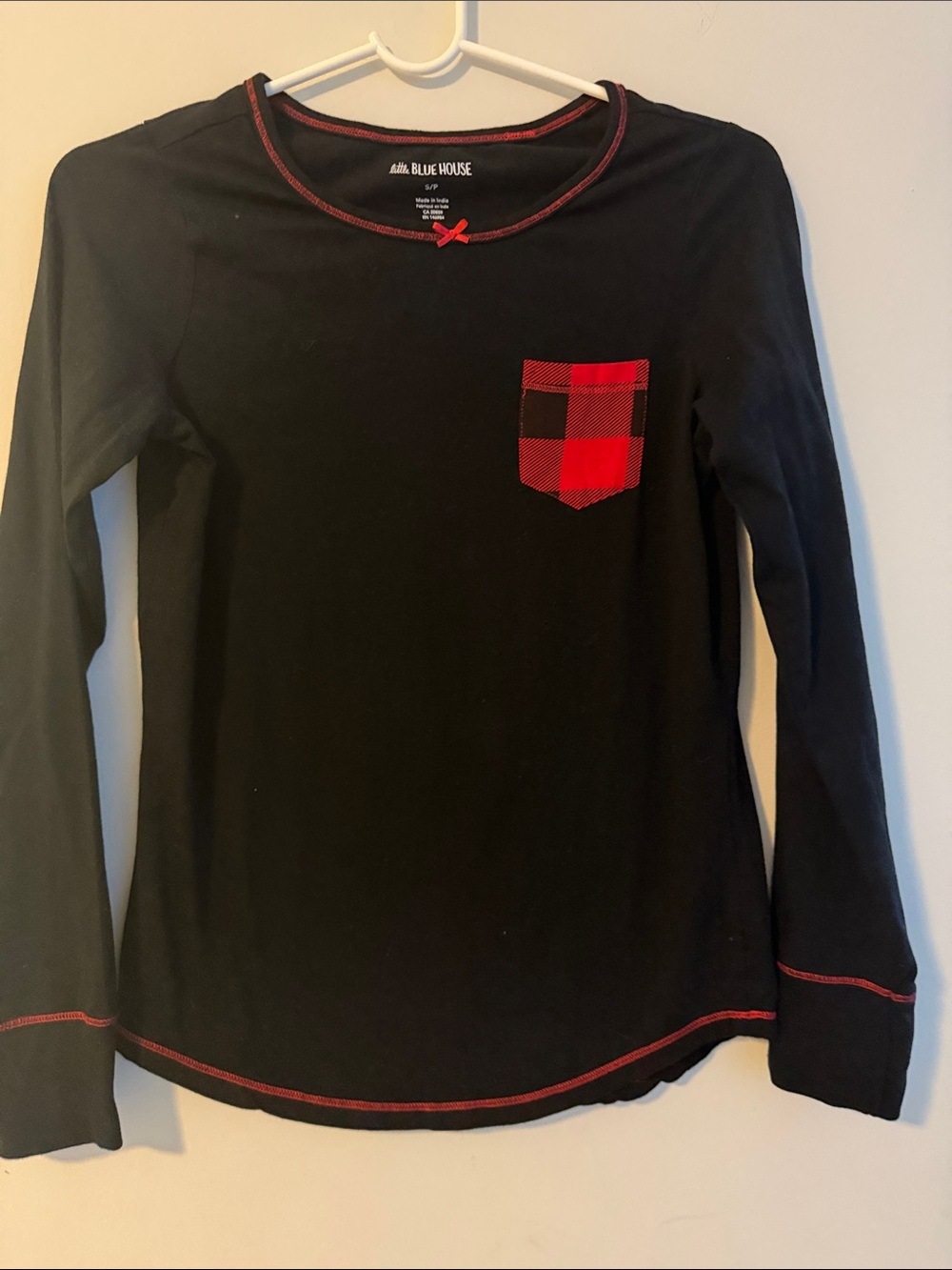 Blue House Women’s Black Long-Sleeve Pajama Top with Red Plaid Pocket